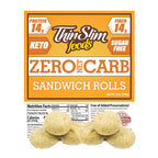 ThinSlim Foods Zero Net Carb Sandwich Rolls label with Nutrition Facts behind the product on a white background.