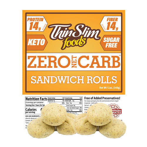 ThinSlim Foods Zero Net Carb Sandwich Rolls label with Nutrition Facts behind the product on a white background.