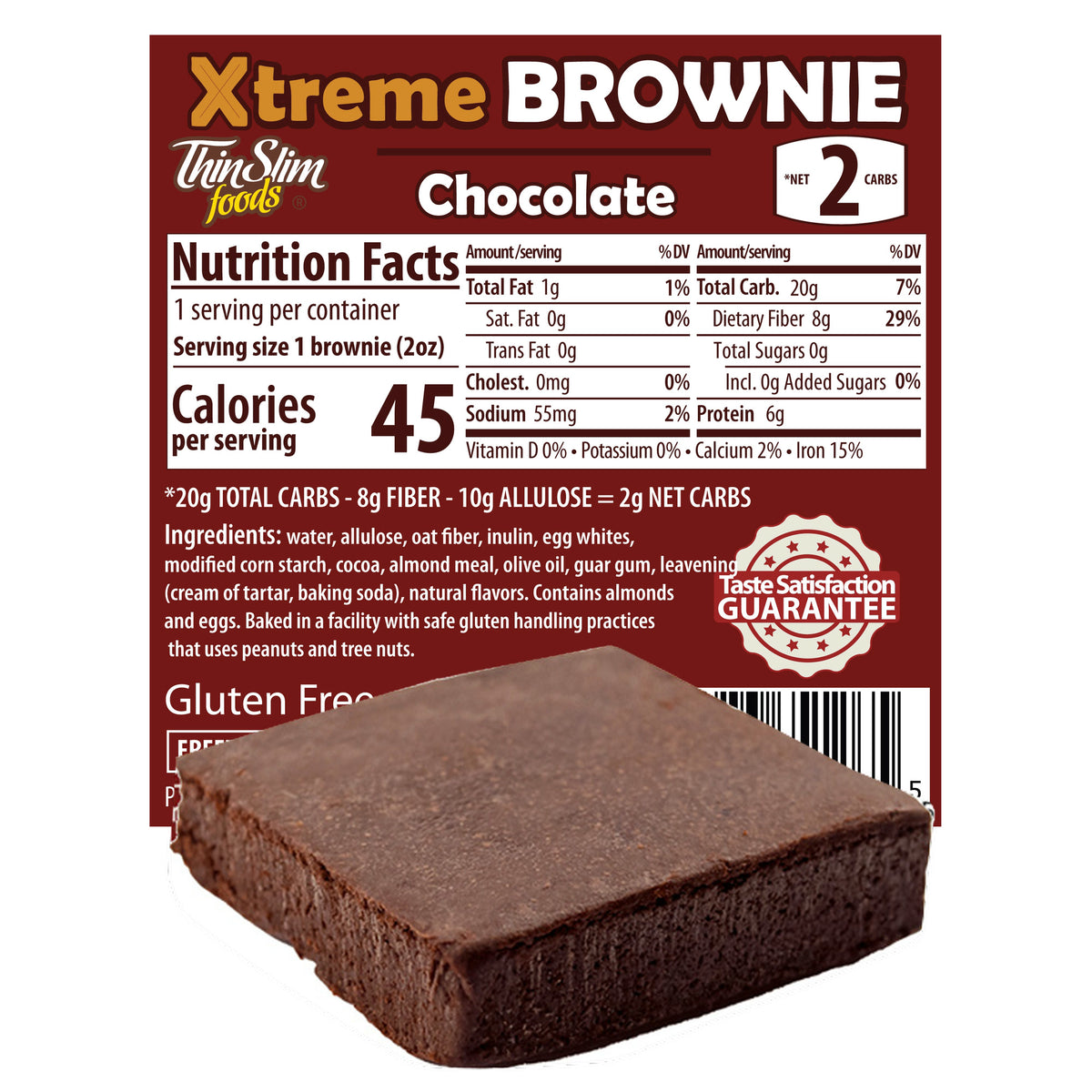 ThinSlim Foods Xtreme Brownie label with Nutrition Facts behind the product on a white background.
