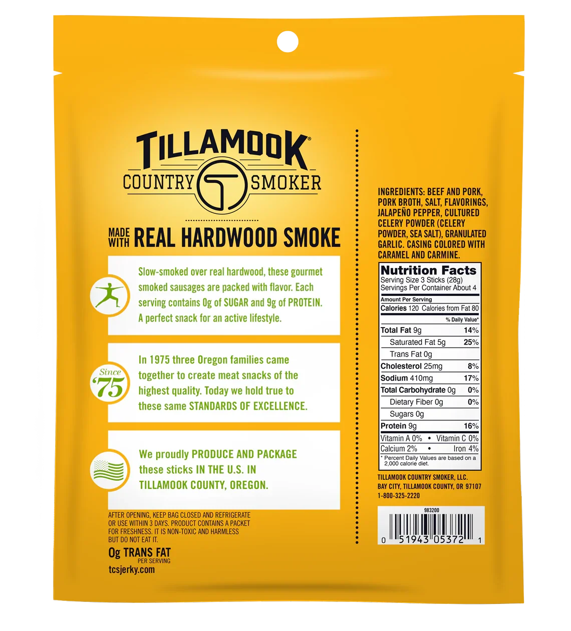 Tillamook Country Smoker Zero Sugar Smoked Sausages - Spicy Jalapeno, 4oz