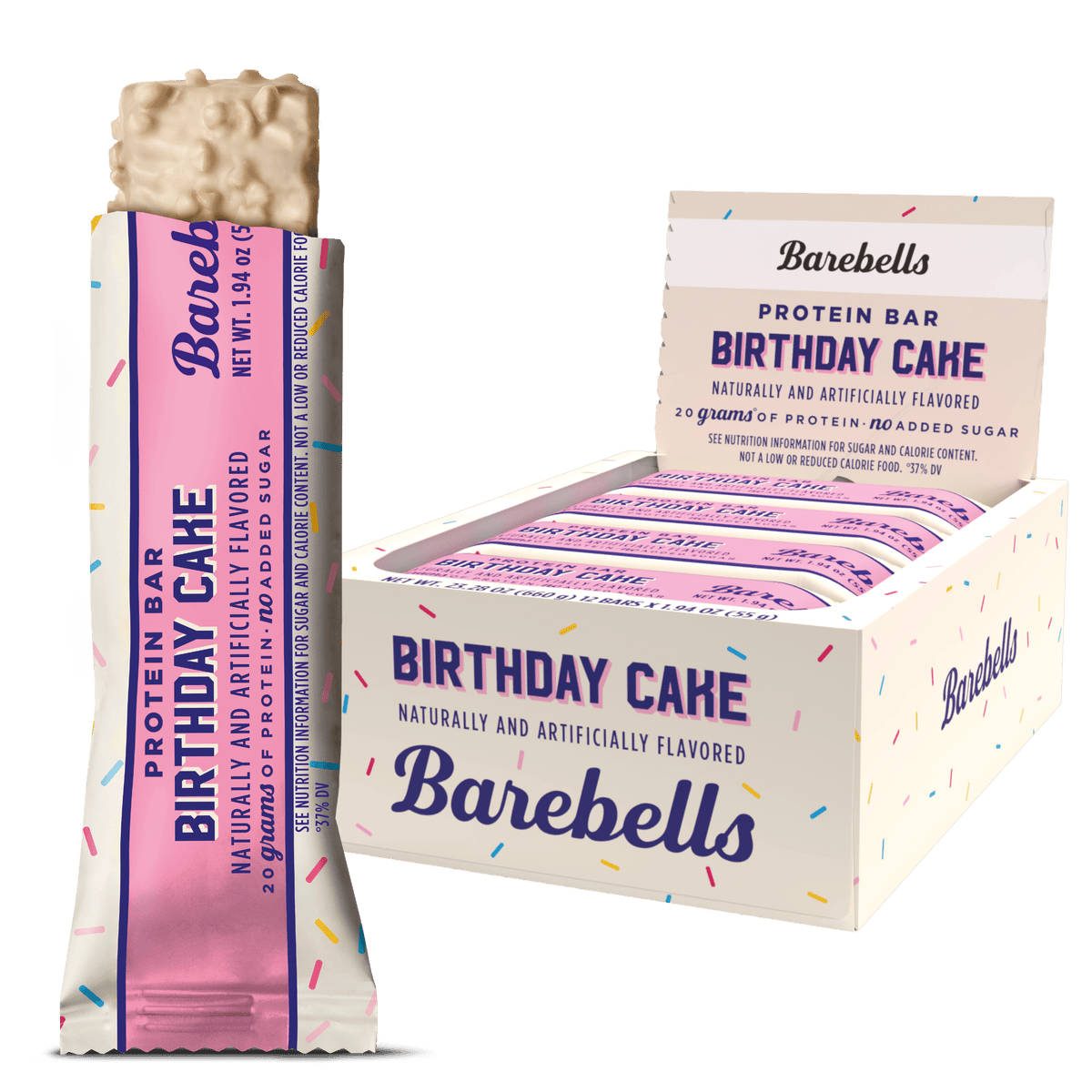 Front package of Barebells Protein Bars, Birthday Cake / One Bar