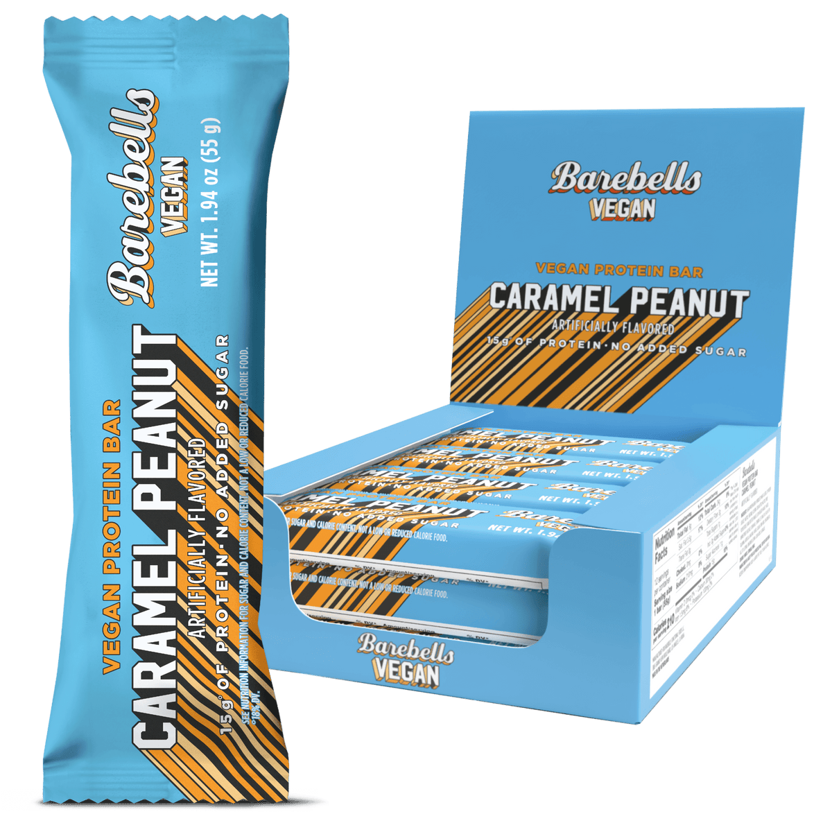 Front package of Barebells Plant Based Protein Bars, Caramel Peanut / One Box (12 Bars).