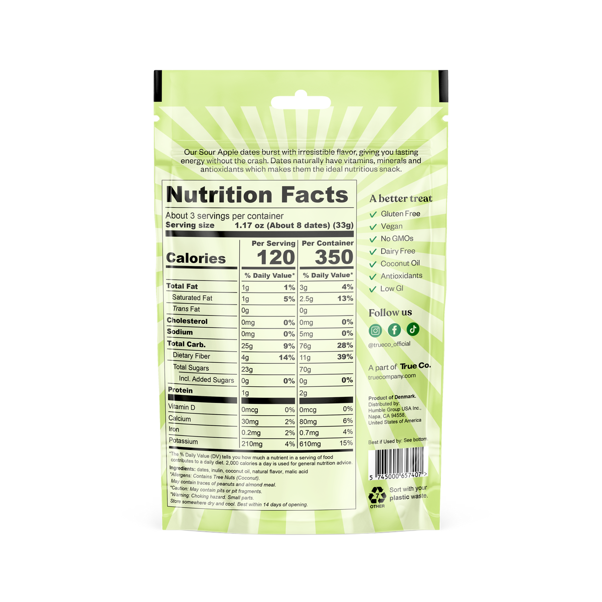 True Dates Gluten Free Flavoured Dates, 3.5oz - Sour Apple