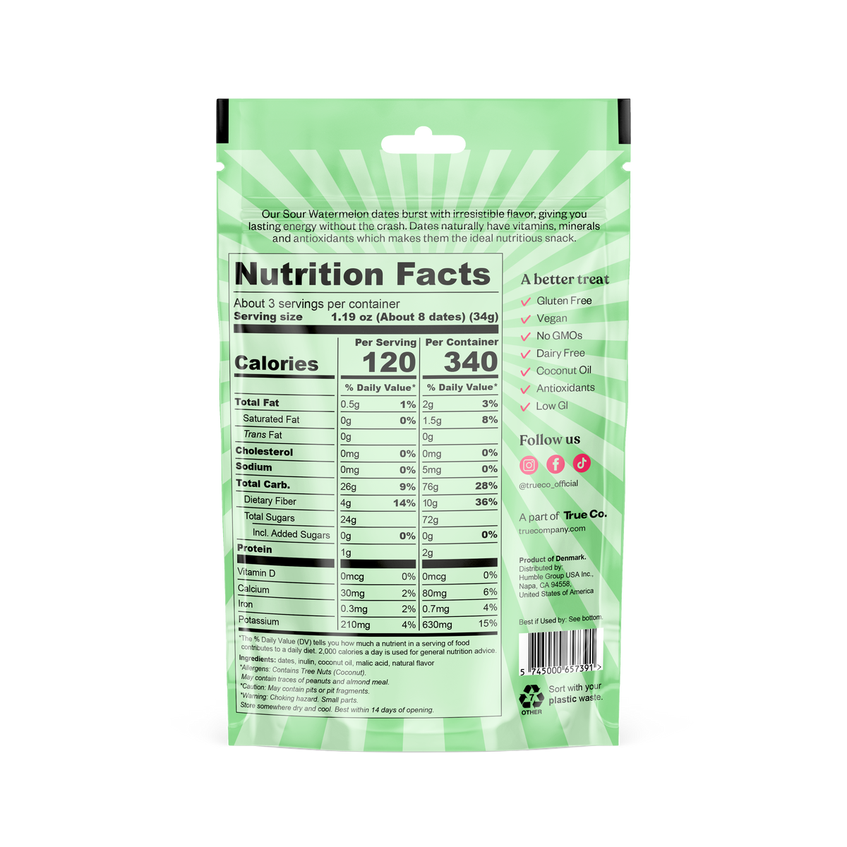 True Dates Gluten Free Flavoured Dates, 3.5oz - Sour Watermelon