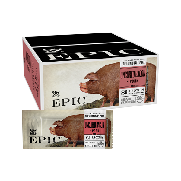 A box of EPIC Uncured Bacon Pork Bars is displayed alongside an individual bar wrapper, featuring a pig illustration and highlighting 8g of protein per serving and gluten-free labeling.