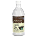 A clear plastic bottle of NuNaturals concentrated cocoa mint syrup, featuring a brown and cream label, highlights its zero sugar and zero calorie content, with a capacity of 16 fluid ounces.