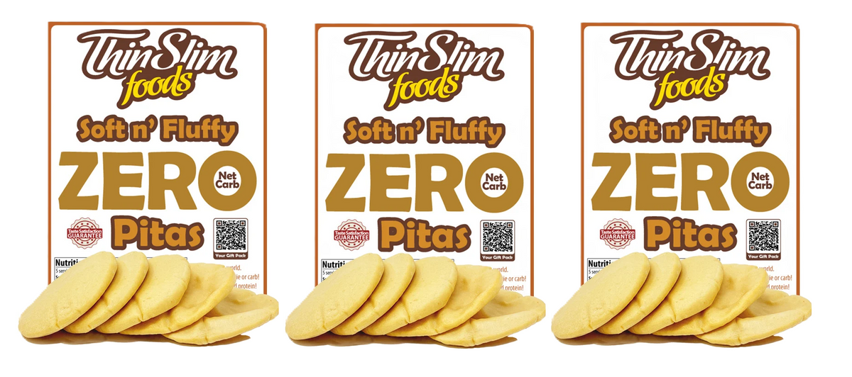 Three ThinSlim Foods Soft n' Fluffy Zero Net Carb Pitas labels with pita bread.