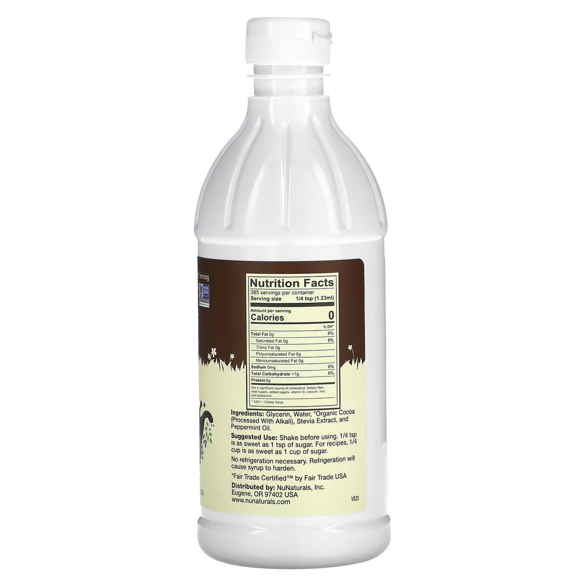 A clear plastic bottle containing a liquid with a label displaying nutrition facts, ingredients, and usage instructions, set against a light background with a simple design.