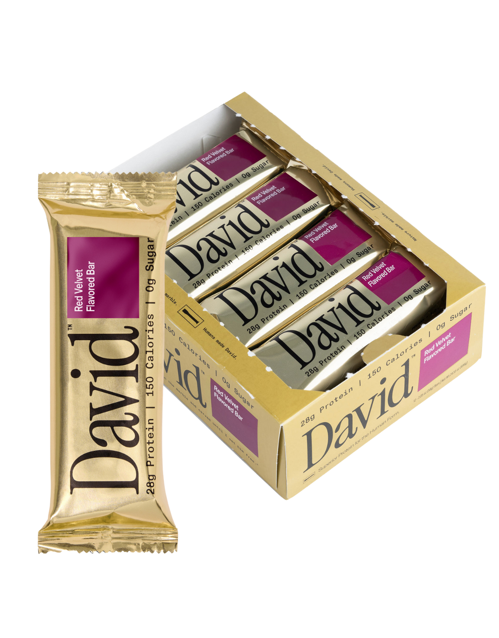 Front package of David Protein Bars, Red Velvet / 12 Bars