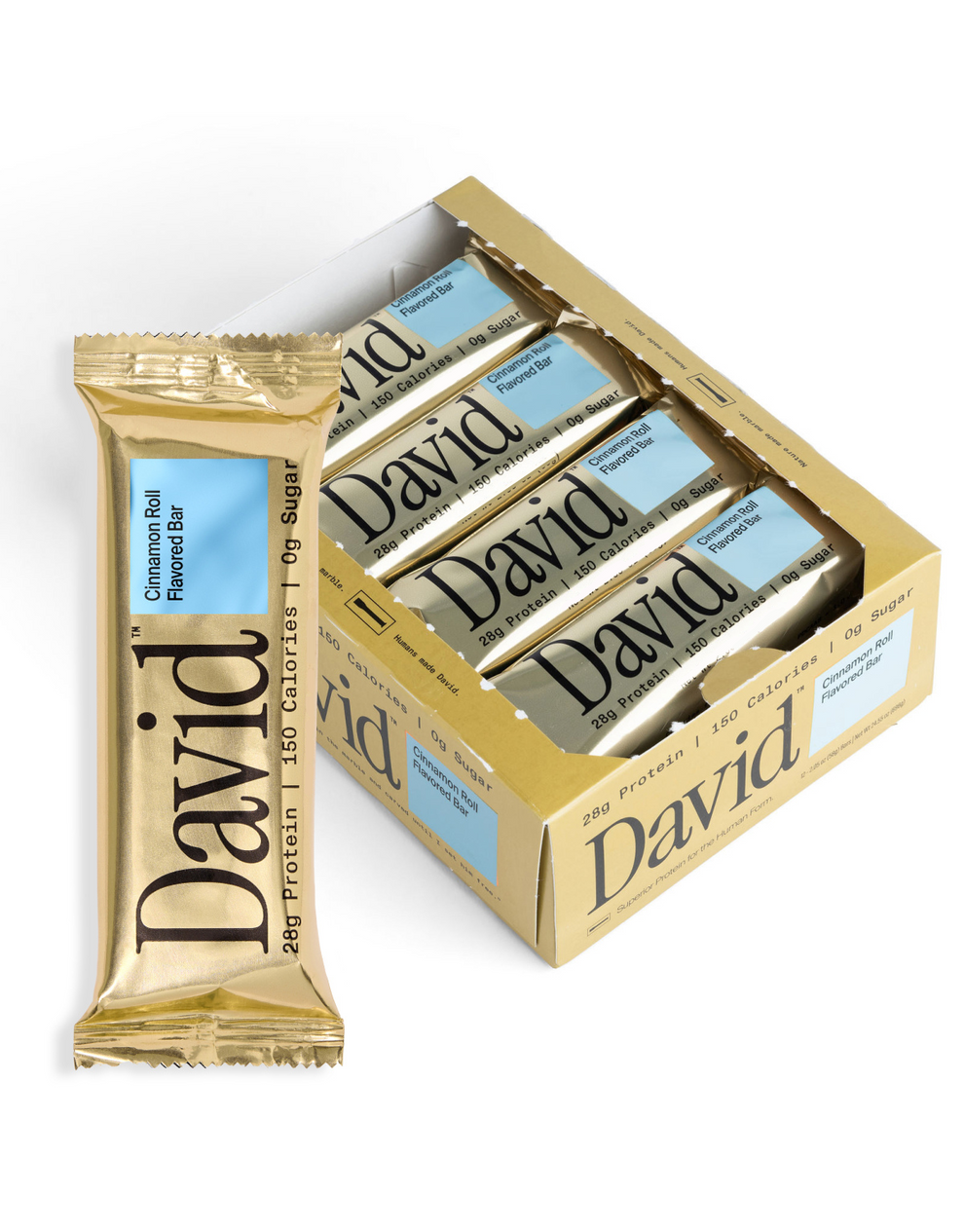 Front package of David Protein Bars, Cinnamon Roll / 12 Bars