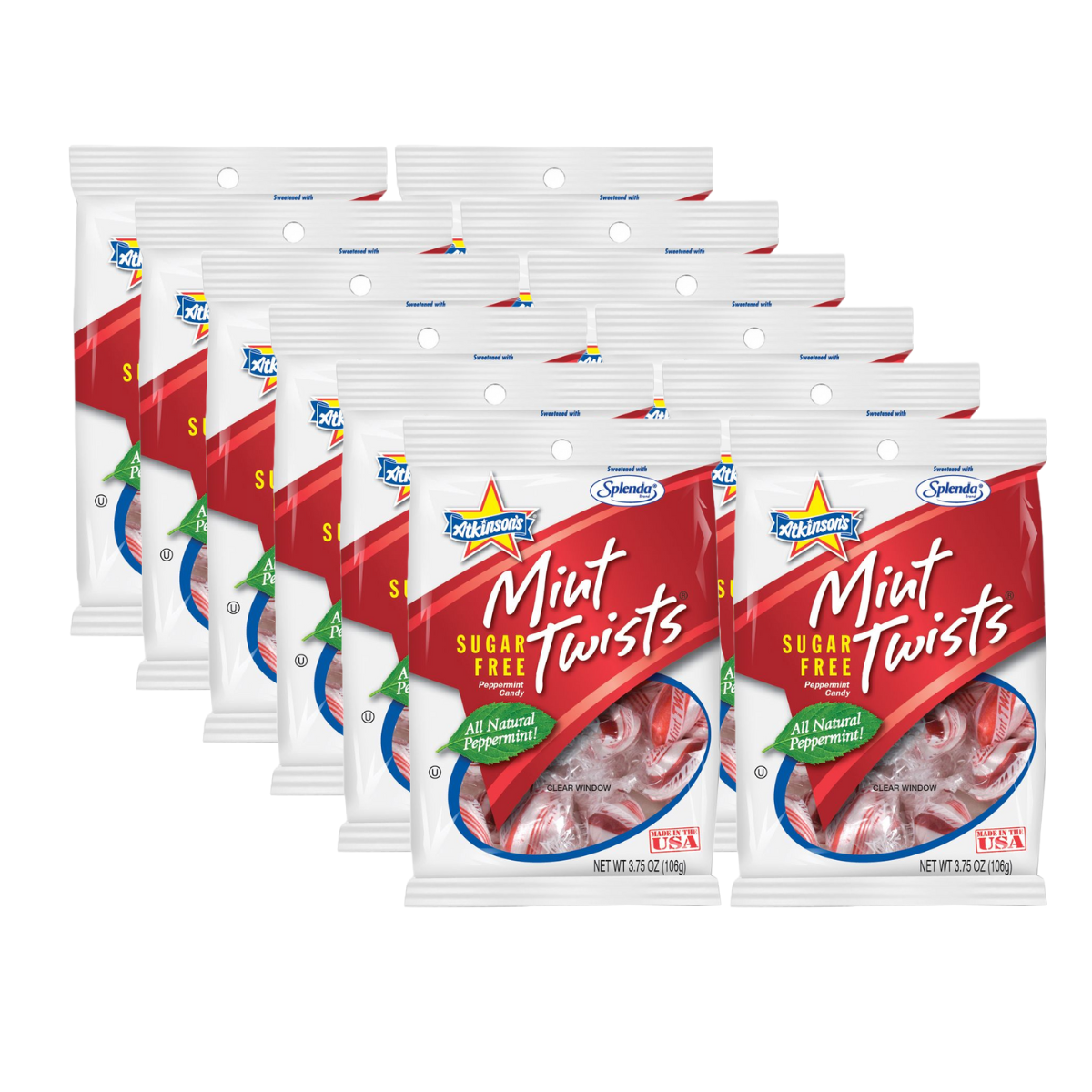 Atkinson's Sugar Free Mint Twists Candy 3.75 oz. bag - 12-Pack