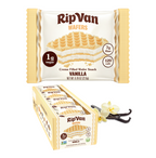 Vanilla-flavored RipVan Wafers are displayed in a package with a single wafer snack shown above the box, highlighting low sugar, fiber content, and calorie information.