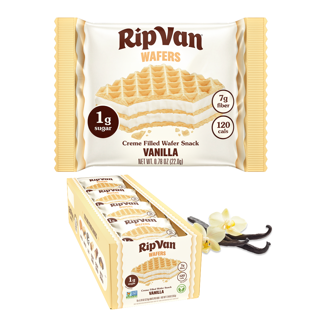 Vanilla-flavored RipVan Wafers are displayed in a package with a single wafer snack shown above the box, highlighting low sugar, fiber content, and calorie information.