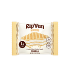 A package of RipVan vanilla wafers features a stack of cream-filled wafers, with nutritional information highlighting 1 gram of sugar, 7 grams of fiber, and 120 calories.