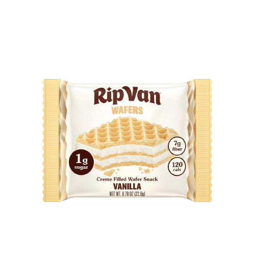 A package of RipVan vanilla wafers features a stack of cream-filled wafers, with nutritional information highlighting 1 gram of sugar, 7 grams of fiber, and 120 calories.