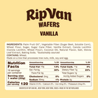 A product label for Rip Van Vanilla Wafers displays ingredients, nutritional facts, and allergen information, highlighting its sustainable sourcing and containing wheat, tree nuts, milk, soy, and egg.