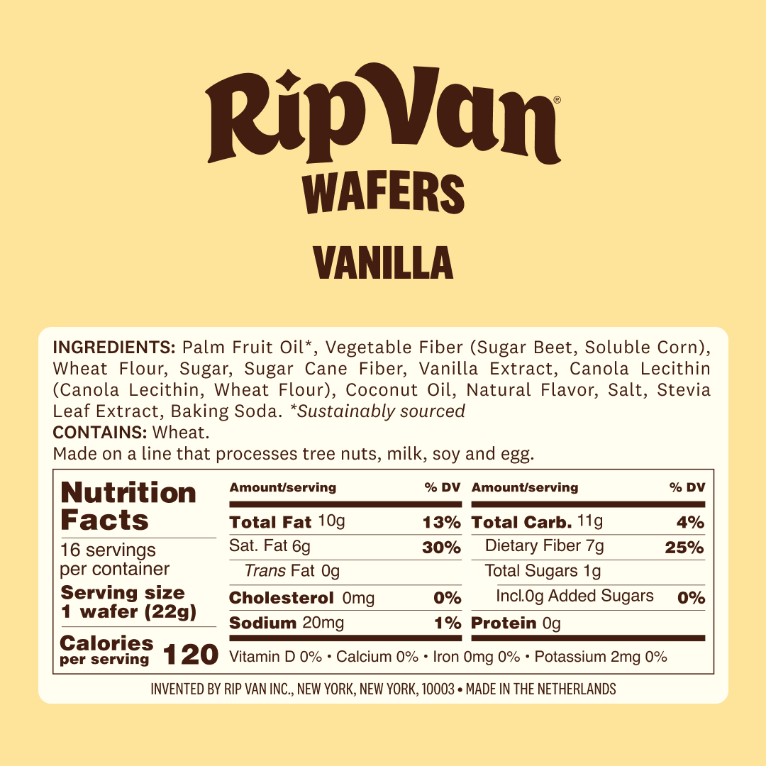A product label for Rip Van Vanilla Wafers displays ingredients, nutritional facts, and allergen information, highlighting its sustainable sourcing and containing wheat, tree nuts, milk, soy, and egg.