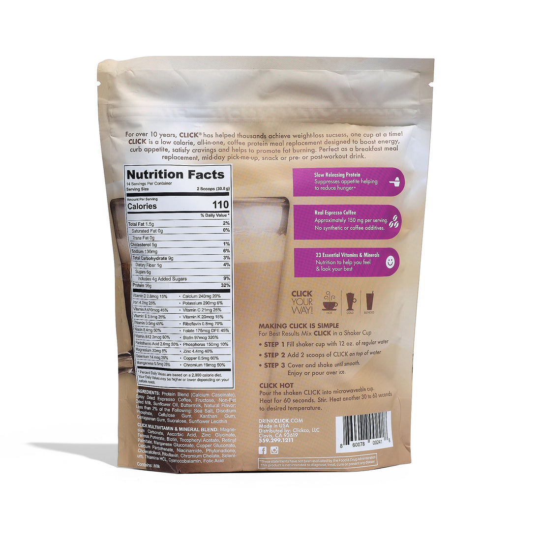 Click Coffee & Protein Drink Mix - Vanilla Latte, 15.24 oz. (434g)