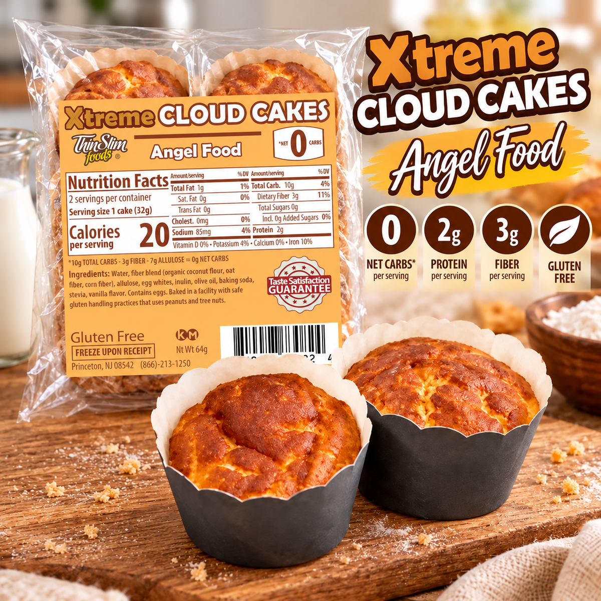 ThinSlim Foods Xtreme Angel Food Cloud Cakes with 0g net carbs, 2g protein, 3g fiber and 20 calories per cake.
