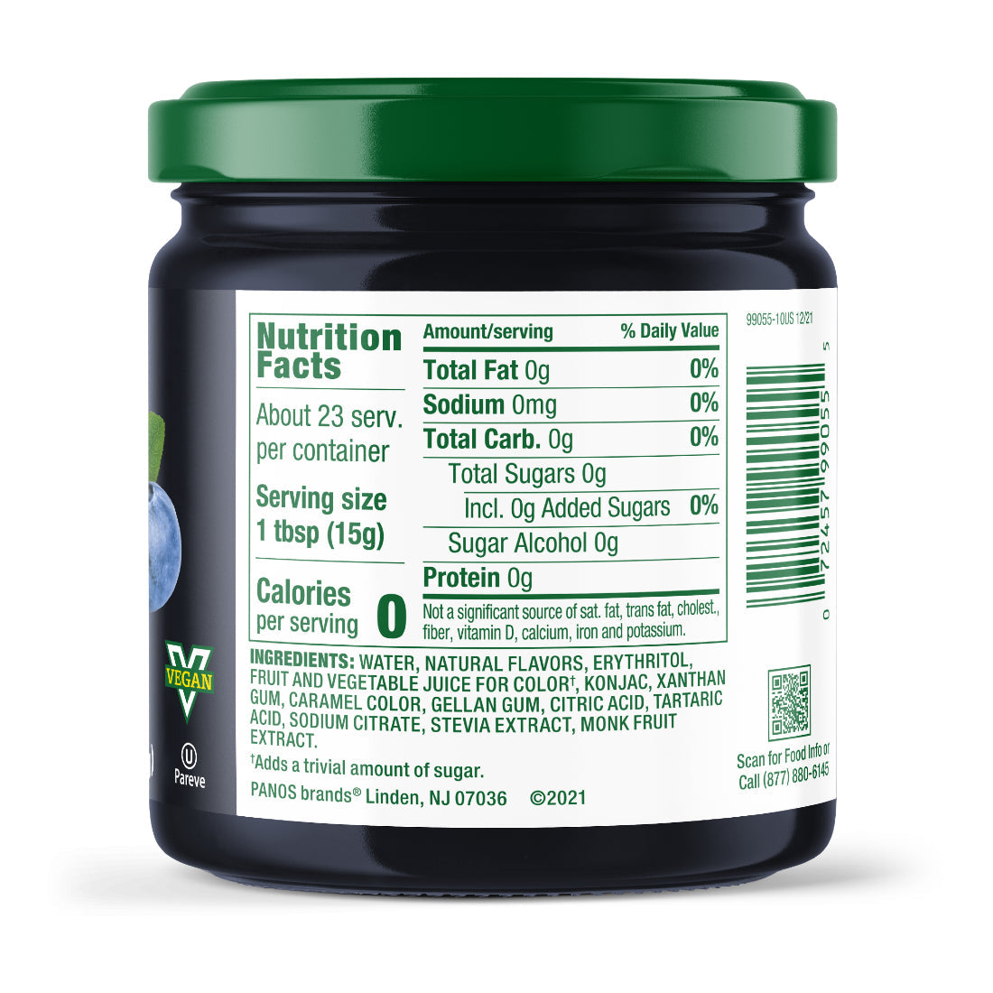 Nutrition Facts panel for Walden Farms Fruit Spread, Blueberry flavor.