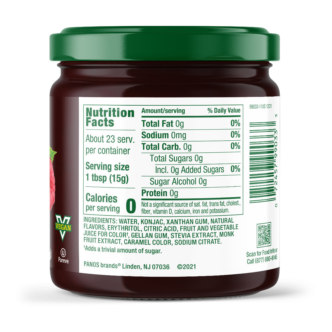Nutrition Facts panel for Walden Farms Fruit Spread, Raspberry flavor.