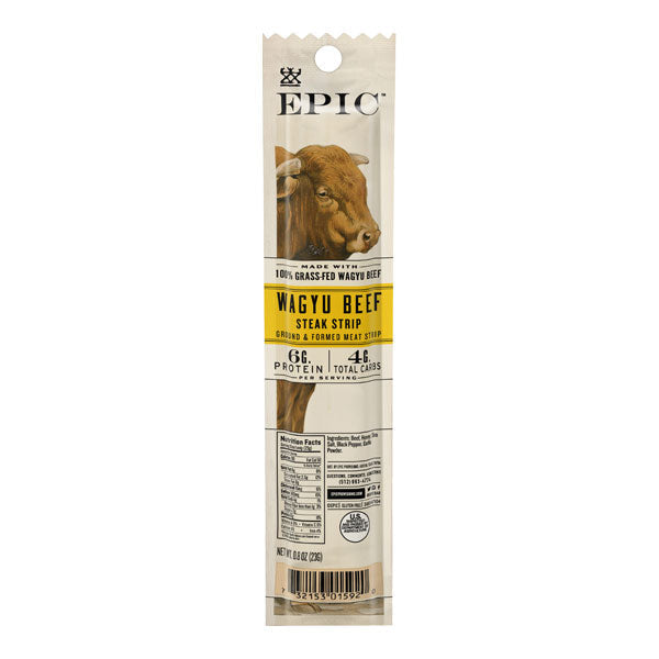 A packaged Wagyu beef steak strip features a brown cow image, nutritional information, and a label highlighting it is made with 100% grass-fed Wagyu beef, offering 6g of protein per serving.