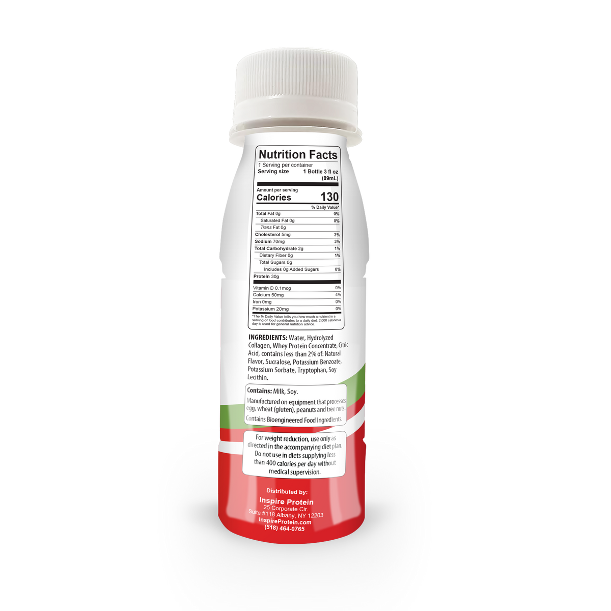 A bottle of protein drink is displayed, showing the back label with nutrition facts, ingredients, and serving information, featuring a red and green design.
