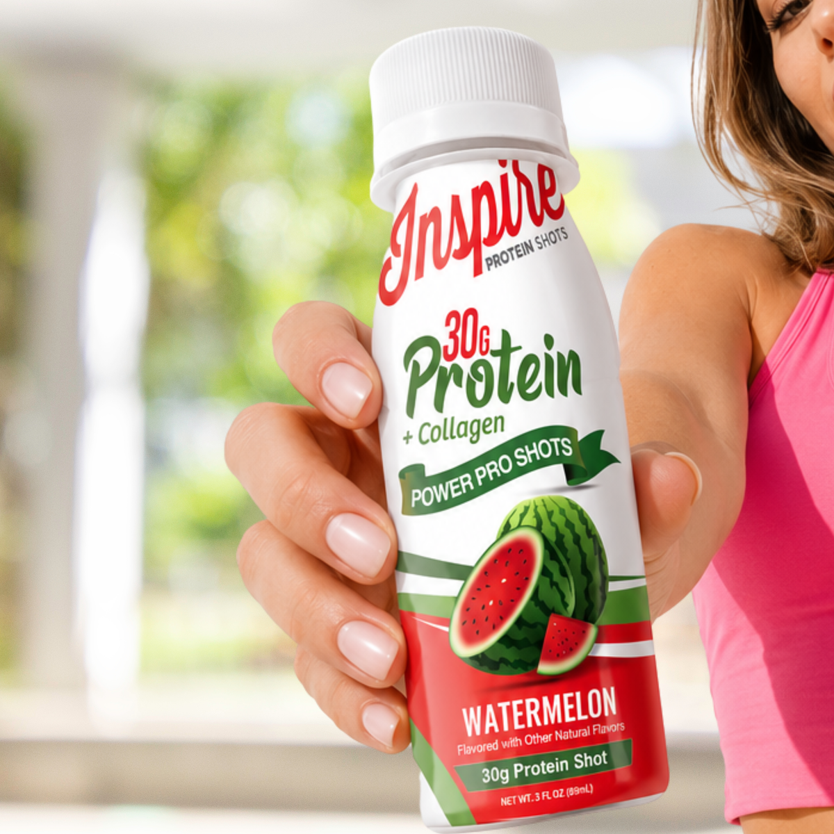 Inspire Watermelon Power Pro Shot with 30 grams of protein plus collagen in a 3-fluid-ounce serving.