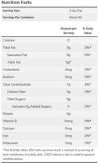 A nutrition facts table displays serving size, calories, and nutrient content, indicating zero fat, cholesterol, sodium, and protein, with details on carbohydrates and vitamins.
