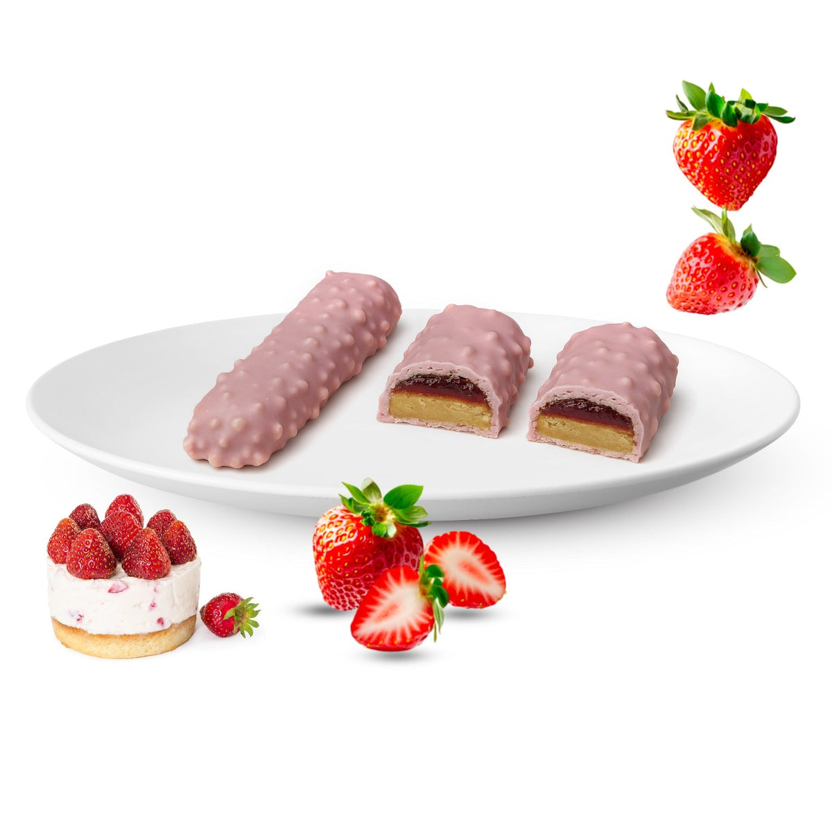 A white plate displays a whole pink-coated dessert bar and two cut pieces revealing a jam filling, surrounded by fresh strawberries and a small cheesecake topped with strawberries.