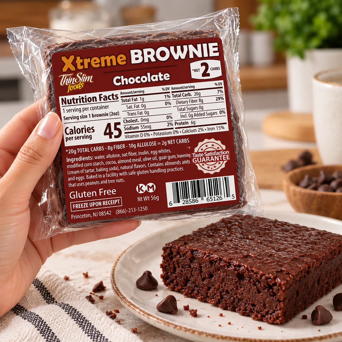 ThinSlim Foods Xtreme Chocolate Brownie with 45 calories, 2g net carbs and 6g protein.