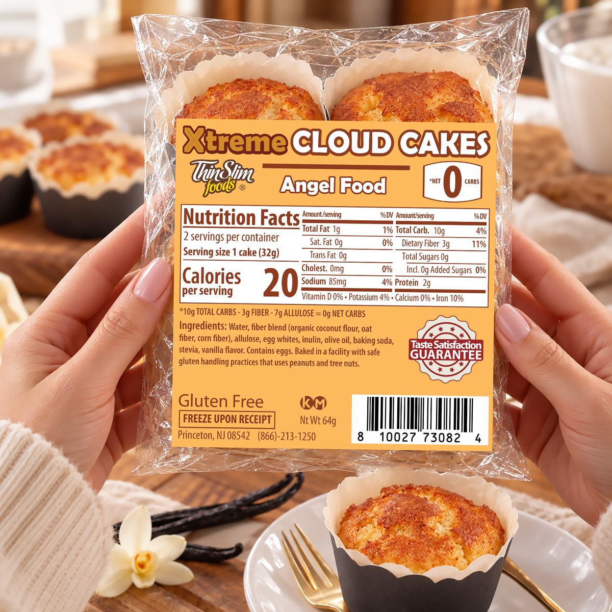 ThinSlim Foods Xtreme Angel Food Cloud Cakes with 0g net carbs, 2g protein, 3g fiber and 20 calories per cake.