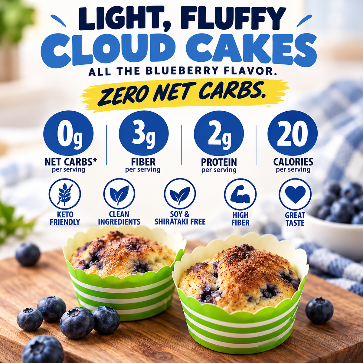 ThinSlim Foods Xtreme Blueberry Cloud Cakes with 0g net carbs, 2g protein, 3g fiber and 20 calories per cake.