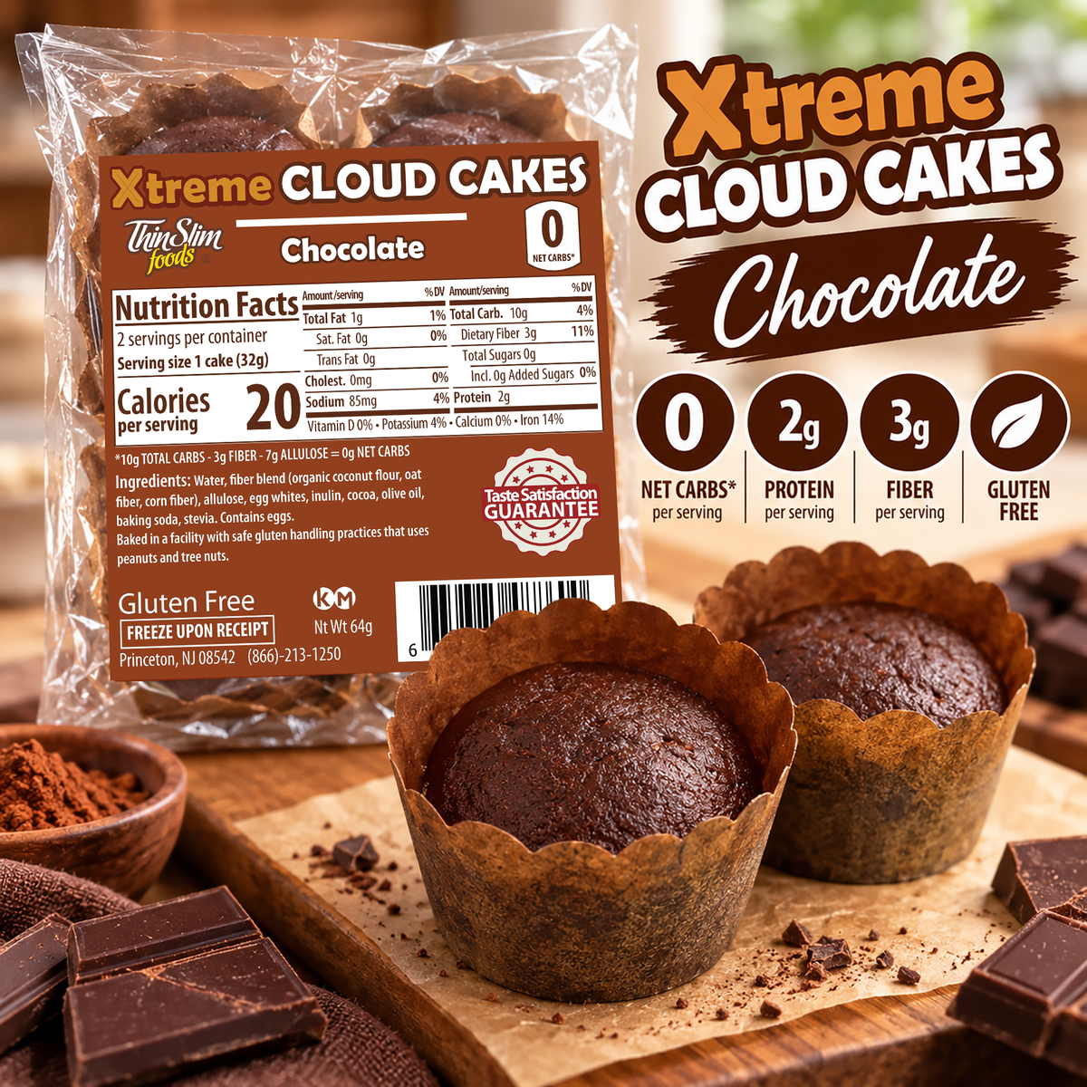 ThinSlim Foods Xtreme Chocolate Cloud Cakes with 0g net carbs, 2g protein, 3g fiber and 20 calories per cake.
