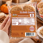 ThinSlim Foods Xtreme Cinnamon Crumb Cloud Cakes with 0g net carbs, 2g protein, 3g fiber and 20 calories per cake.