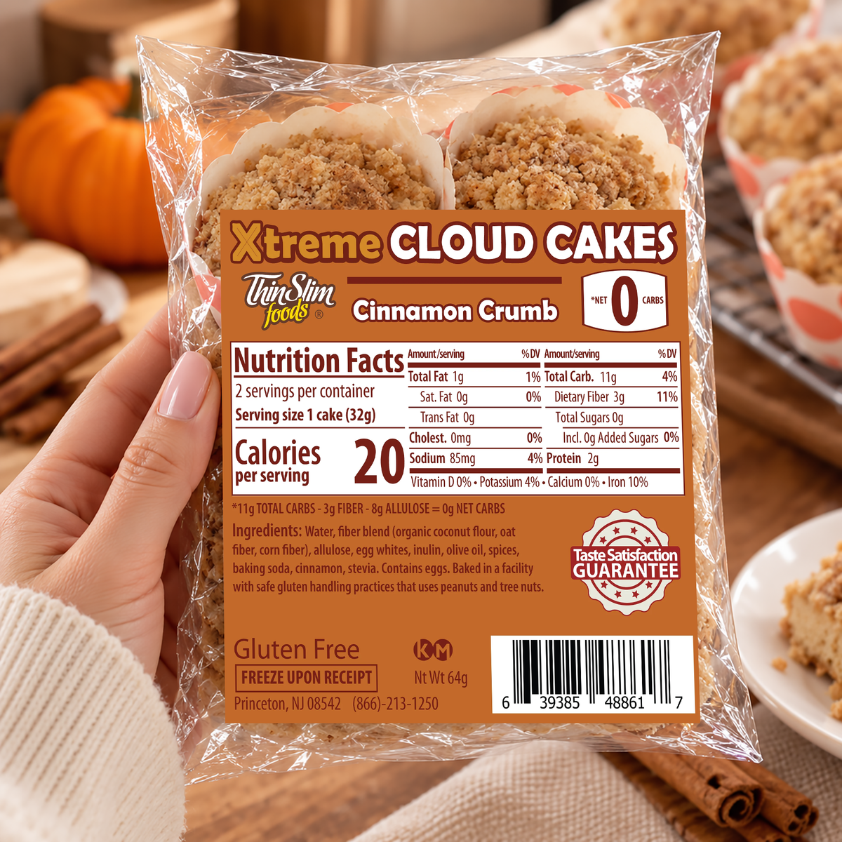 ThinSlim Foods Xtreme Cinnamon Crumb Cloud Cakes with 0g net carbs, 2g protein, 3g fiber and 20 calories per cake.