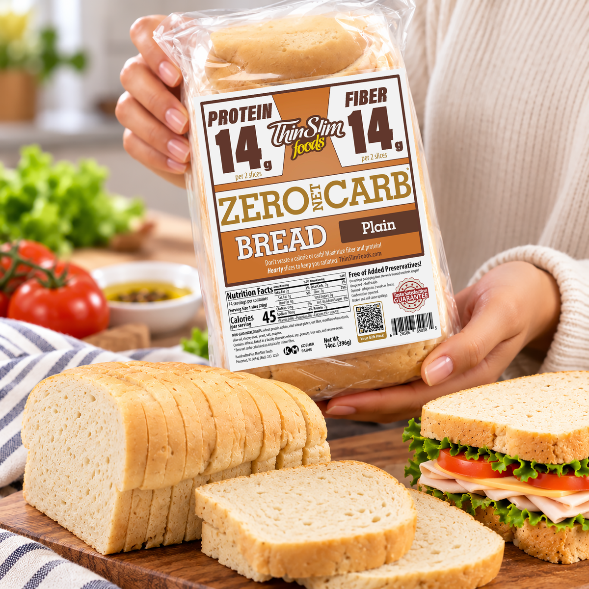 ThinSlim Foods Plain Zero Net Carb Bread with 14 grams of protein and 14 grams of fiber per two slices. 45 calories per slice.
