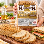 ThinSlim Foods Seeded Zero Net Carb Bread with 14 grams of protein and 14 grams of fiber per two slices. 45 calories per slice.