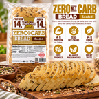 ThinSlim Foods Seeded Zero Net Carb Bread with 14 grams of protein and 14 grams of fiber per two slices. 45 calories per slice.