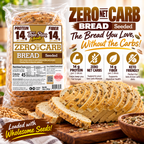 ThinSlim Foods Seeded Zero Net Carb Bread with 14 grams of protein and 14 grams of fiber per two slices. 45 calories per slice.