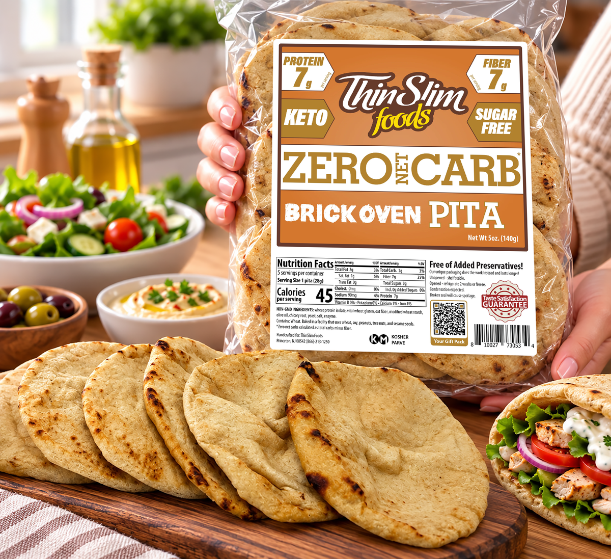 ThinSlim Foods Zero Net Carb Brick Oven Pitas with 7 grams of protein, 7 grams of fiber and 45 calories per pita. Five pitas per package.