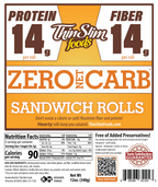 ThinSlim Foods Zero Net Carb Sandwich Rolls with 14 grams of protein, 14 grams of fiber and 90 calories per roll. Six rolls per package.