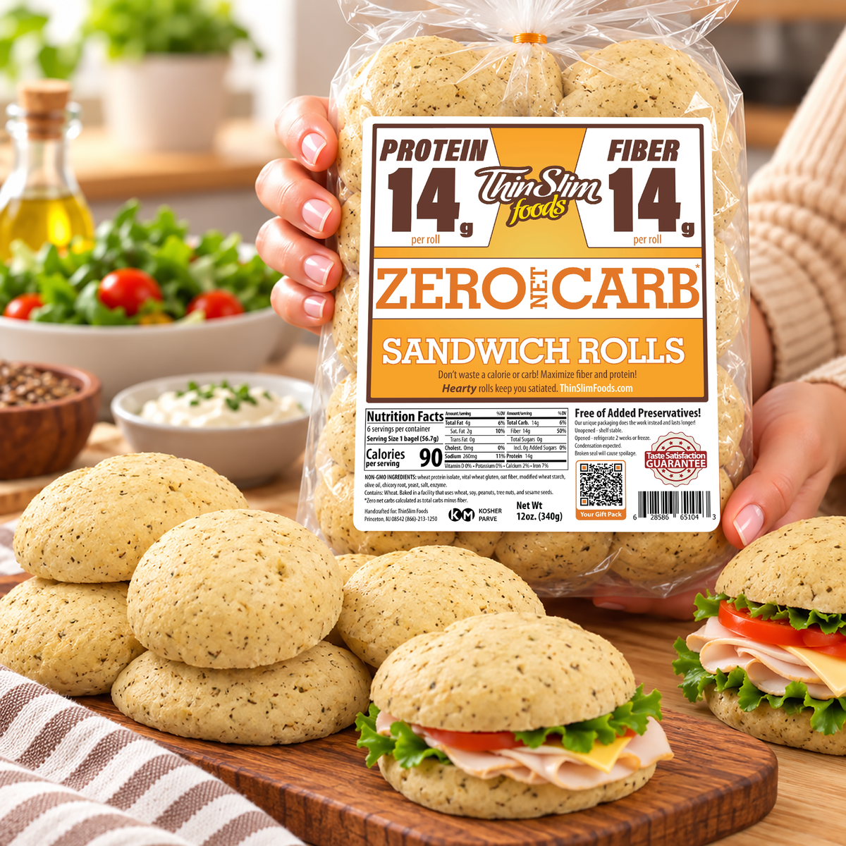 ThinSlim Foods Zero Net Carb Sandwich Rolls with 14 grams of protein, 14 grams of fiber and 90 calories per roll. Six rolls per package.