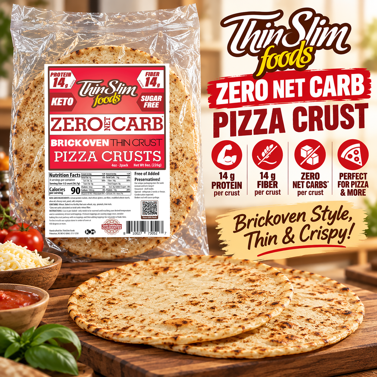 ThinSlim Brick Oven Thin Crust Pizza with 14g of protein.