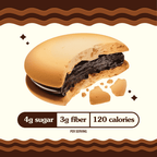 A partially bitten cookie sandwich reveals a dark chocolate filling, with nutritional information highlighting 4g sugar, 3g fiber, and 120 calories per serving against a light background.