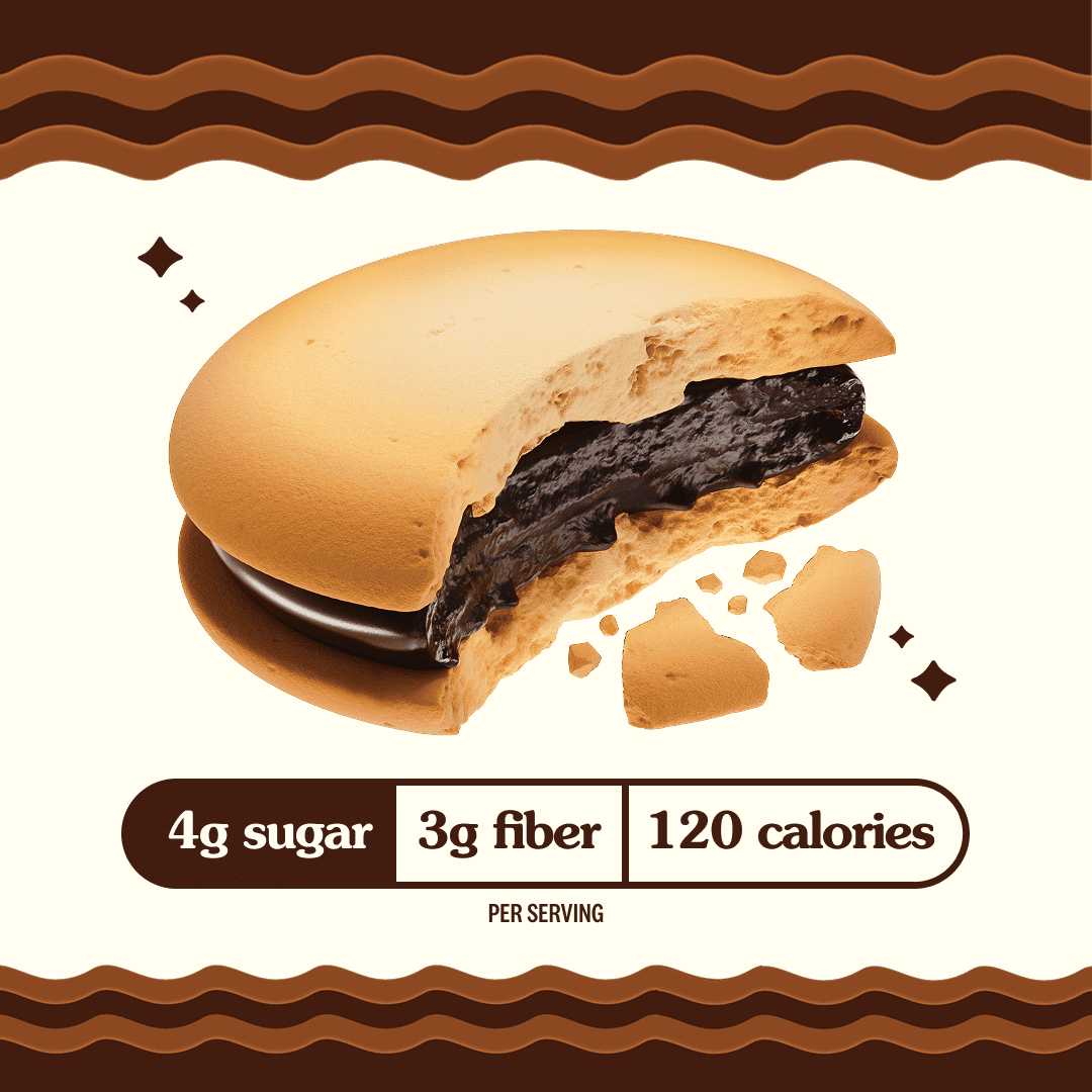 A partially bitten cookie sandwich reveals a dark chocolate filling, with nutritional information highlighting 4g sugar, 3g fiber, and 120 calories per serving against a light background.