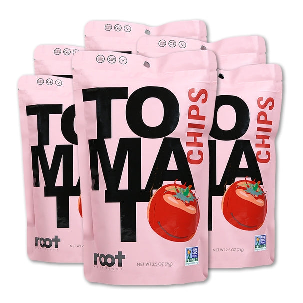 Front package of Root Foods Veggie Chips, Tomato, 2.5 oz / 6-Pack