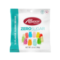 A clear plastic bag contains colorful gummy bears in various flavors, labeled "Albanese Zero Sugar," with a note stating it is not a low-calorie food, and the bag weighs 3.5 ounces.