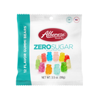 A clear plastic bag contains colorful gummy bears in various flavors, labeled "Albanese Zero Sugar," with a note stating it is not a low-calorie food, and the bag weighs 3.5 ounces.