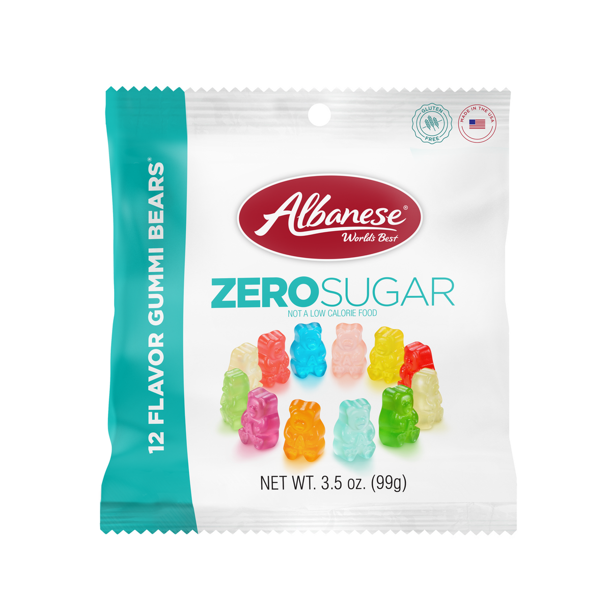 A clear plastic bag contains colorful gummy bears in various flavors, labeled "Albanese Zero Sugar," with a note stating it is not a low-calorie food, and the bag weighs 3.5 ounces.